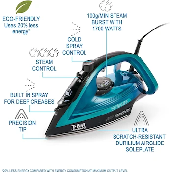 Imagen 2 de T-Fal Plancha de Vapor Ultraglide FV5841U0 para Ropa Suela Durilium Punta de Precisión Antigoteo Apagado Automático 1800 Vatios Azul