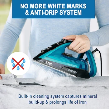 Imagen 5 de T-Fal Plancha de Vapor Ultraglide FV5841U0 para Ropa Suela Durilium Punta de Precisión Antigoteo Apagado Automático 1800 Vatios Azul