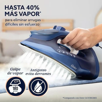 Imagen 2 de Oster Plancha de Vapor AeroGlide S7200 con Tecnología Aeroceramic, Golpe de Vapor 180 g/min, Recubrimiento Metálico Cerámico, Antigoteo, Azul Oscuro, Modelo GCSTAC7201-053