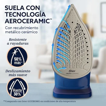 Imagen 4 de Oster Plancha de Vapor AeroGlide S7200 con Tecnología Aeroceramic, Golpe de Vapor 180 g/min, Recubrimiento Metálico Cerámico, Antigoteo, Azul Oscuro, Modelo GCSTAC7201-053