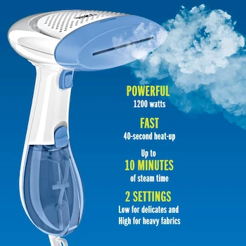 Imagen 3 de Vaporizador de tela portátil Conair Extreme Steam, modelo GS23X, serie ExtremeSteam, color blanco y azul, capacidad del tanque 200 ml, dimensiones 19 x 15 x 33 cm