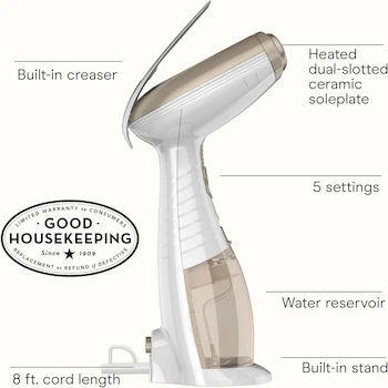 Imagen 3 de Conair Turbo ExtremeSteam Vaporizador Portable de Mano y Plancha 2-en-1, Modelo GS59X, Color Blanco con Dorado, Capacidad del Tanque 216 ml, Dimensiones 34.6 x 21.9 x 14.6 cm