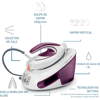 Imagen 3 de Central de Vapor T-Fal Express Blanca/Morada, Suela Durilium AirGlide, Depósito de 1.8 L, SV8031X0