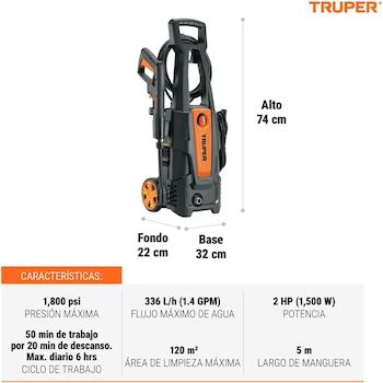 Imagen 2 de Truper HILA-1800 Hidrolavadora Eléctrica 1800 PSI Naranja/Negro Modelo HILA-1800 Código 101594
