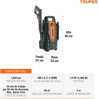 Imagen 2 de Truper Hidrolavadora Eléctrica HILA-1500 1500 PSI Naranja/Negro