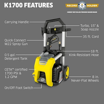 Imagen 3 de Máquina Limpiadora Eléctrica a Presión Kärcher K1700 Amarillo, 1700 PSI, 1.2 GPM, Tanque Detergente 0.5 Gal, Manguera 20 ft, Dimensiones 17.25x16.5x33 pulgadas, Peso 20.7 lb, Modelo 1.106-109.0