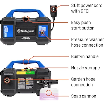 Imagen 4 de Westinghouse ePX3100v - Lavadora a presión eléctrica portátil, 2100 PSI máximo, 1.76 GPM, dimensiones 15 x 8.5 x 11 pulgadas, peso 19 libras