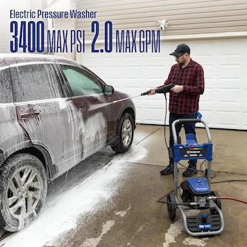 Imagen 2 de Westinghouse WPX3400e Lavadora a Presión Eléctrica Azul, Máx. 3400 PSI y Máx. 2 GPM, Motor sin Escobillas, con Tanque para Jabón de 0.5 Gal, Pistola y Varilla, Juego de 5 Boquillas, Manguera 25 ft, Cable 35 ft