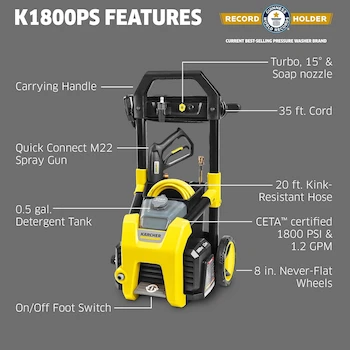 Imagen 2 de Lavadora a Presión Eléctrica Kärcher Modelo K1800PS Serie Performance, Color Amarillo y Negro, Máximo 2250 PSI, 1.46 GPM Máximo, 3 Boquillas de Pulverización (15°, 65°, Turbo), Tanque de Detergente de 0.5 Galones, Manguera de 20 Pies