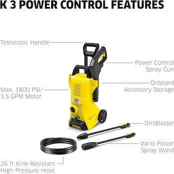 Imagen 2 de Kärcher Lavadora a Presión Eléctrica K3 Control de Potencia, Color Amarillo/Negro, Modelo 1.676-100.0, Serie K3, Máximo 2100 PSI, 1.45 GPM, Manguera de 25 Pies, 2 Varillas de Pulverización, Dimensiones 11.7 x 11 x 26.7 Pulgadas, Peso 12.2 Libras