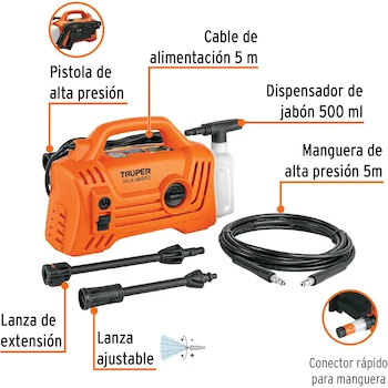 Imagen 3 de Truper HILA-1600C, Hidrolavadora Eléctrica Compacta, 1.9 HP, Presión 1600 PSI, Flujo 5.5 L/min (1.5 GPM), Manguera Alta Presión 5 m, Tensión 127 V, Frecuencia 60 Hz, Peso 5.3 kg, Código 102795