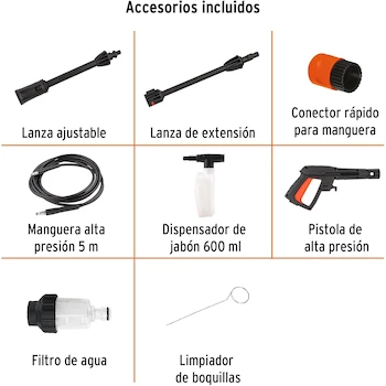 Imagen 4 de Truper HILA-1600C, Hidrolavadora Eléctrica Compacta, 1.9 HP, Presión 1600 PSI, Flujo 5.5 L/min (1.5 GPM), Manguera Alta Presión 5 m, Tensión 127 V, Frecuencia 60 Hz, Peso 5.3 kg, Código 102795