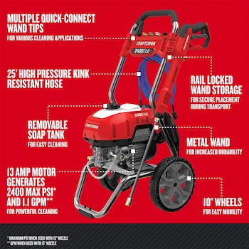 Imagen 3 de CRAFTSMAN - Lavadora eléctrica a presión, Agua fría, Color Rojo, 2400 PSI, 1.1 GPM, con Cable, Modelo CMEPW2400, Dimensiones 19.5 x 18 x 30 pulgadas, Peso 53 libras, Manguera 25 pies