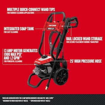 Imagen 3 de CRAFTSMAN CMEPW1900 Lavadora a Presión Eléctrica con Cable de Agua Fría Color Rojo 1900 PSI Máx 1.2 GPM