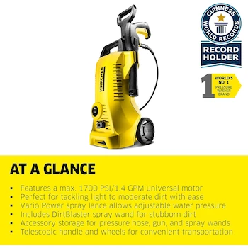Imagen 3 de Kärcher K 2 Power Control MAX 2000 PSI Lavadora a Presión Eléctrica Amarilla con 2 Varillas de Pulverización y Manguera de 26 Pies, 1.45 GPM, Modelo 1.673-609.0, Serie K2, Peso 6.49 kg, Dimensiones 24.6 x 28.2 x 58.7 cm