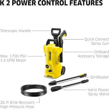 Imagen 4 de Kärcher K 2 Power Control MAX 2000 PSI Lavadora a Presión Eléctrica Amarilla con 2 Varillas de Pulverización y Manguera de 26 Pies, 1.45 GPM, Modelo 1.673-609.0, Serie K2, Peso 6.49 kg, Dimensiones 24.6 x 28.2 x 58.7 cm