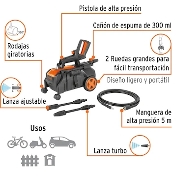 Imagen 3 de Truper HILA-1500H Hidrolavadora Eléctrica Horizontal Naranja/Negro Modelo HILA-1500H