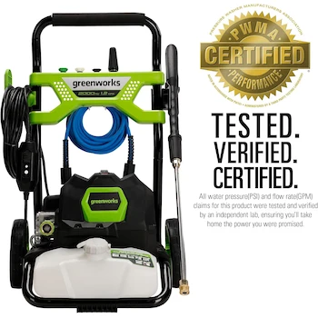 Imagen 3 de Greenworks Lavadora a Presión GPW2003 (Marco Abierto), 2000 PSI 1.2 GPM, Hidrolavadora Eléctrica de Agua Fría Color Verde, Dimensiones 19.29"L x 17.32"W x 31.73"H, Peso 12.6 kg, Manguera 25 Pies, con Garantía Premium