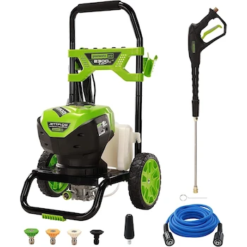 Imagen alusiva al producto Greenworks Lavadora a Presión Eléctrica Premium Pro Modelo GPW2300, Color Verde, 2300 PSI, 2.3 GPM, Motor Sin Escobillas, Certificado PWMA, Dimensiones 18.9 x 21.3 x 32.7 pulgadas, Peso 41.2 libras, ASIN B097R2S4GG