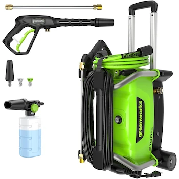 Imagen de referencia para Greenworks 2100 PSI Lavadora a Presión Portátil Eléctrica 1.2 GPM con Ruedas y Mango Telescópico Serie 2100, Modelo B0DC11RC2Y, Capacidad 1.76 L Tanque Jabón, Manguera 20 ft, Boquilla 5-en-1, Negro/Naranja
