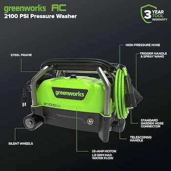 Imagen 2 de Greenworks 2100 PSI Lavadora a Presión Portátil Eléctrica 1.2 GPM con Ruedas y Mango Telescópico Serie 2100, Modelo B0DC11RC2Y, Capacidad 1.76 L Tanque Jabón, Manguera 20 ft, Boquilla 5-en-1, Negro/Naranja