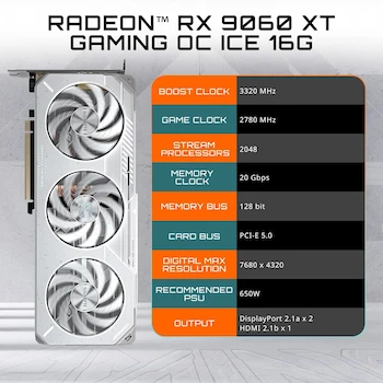 Imagen 2 de GIGABYTE Radeon RX 9060 XT Gaming OC Ice 16G Tarjeta Gráfica Blanca 16GB GDDR6