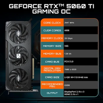 Imagen 2 de GIGABYTE Tarjeta gráfica GeForce RTX 5060 Ti Gaming OC 16G, GDDR7 de 16 GB de 128 bits, PCIe 5.0, Tarjeta de Video GV-N506TGAMING OC-16GD, Dimensiones 281x119x40 mm, Puertos 3x DisplayPort 2.1b y 1x HDMI 2.1b, Forma PCB ATX