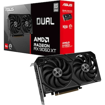 Imagen de referencia para Tarjeta Gráfica ASUS Dual Radeon RX 9060 XT 16GB GDDR6, PCIe 5.0, 1x HDMI 2.1b, 2x DisplayPort 2.1a, Diseño de 2.5 Ranuras, Color Negro, Modelo DUAL-RX9060XT-16G, Dimensiones 202x120x49 mm