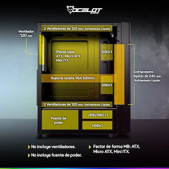 Imagen 2 de Gabinete Gamer Ocelot Gaming Modelo OGEC02, Color Negro, Mid-Tower, Dimensiones 36.6 x 21 x 45.2 cm, Peso 4.3 kg, Compatible con ATX, Micro ATX y Mini ITX