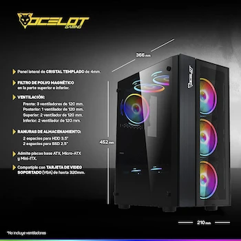 Imagen 4 de Gabinete Gamer Ocelot Gaming Modelo OGEC02, Color Negro, Mid-Tower, Dimensiones 36.6 x 21 x 45.2 cm, Peso 4.3 kg, Compatible con ATX, Micro ATX y Mini ITX