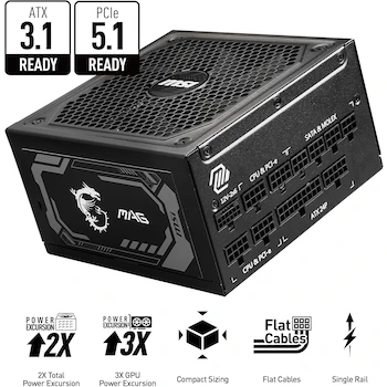 Imagen 2 de MSI MAG A1000GL PCIE5 Fuente de Alimentación Compacta Totalmente Modular ATX 1000W 80+ Gold con Cable Nativo de Doble Color 12V-2x6 Negra