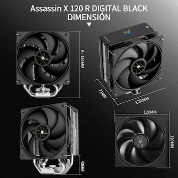 Imagen 5 de Thermalright Assassin X 120R Digital Black Enfriador de CPU con Pantalla Digital, Modelo AX120R D BLACK, Color Negro, Tamaño 12x7.1x15.1 cm, Ventilador 120mm, 4 Tubos de Calor Aluminio, Soporte AMD AM4/AM5 Intel LGA1851/1700/115X/1200