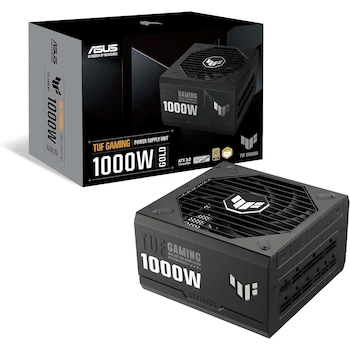 Imagen de referencia para ASUS TUF Gaming 1000 W Gold Fuente de Alimentación Totalmente Modular, 80+ Oro, 1000 vatios, Modelo: TUF-GAMING-1000G, Serie: TUF Gaming, Color: Negro, Dimensiones: 150 x 150 x 86 mm