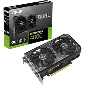 Imagen alusiva al producto Tarjeta Gráfica ASUS Dual GeForce RTX™ 4060 V2 OC Edition 8GB GDDR6 Negra Modelo DUAL-RTX4060-O8G-V2 Dimensiones 202.2 x 120.3 x 40.1 mm 2-Slot