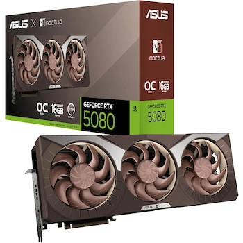Imagen alusiva al producto Tarjeta Gráfica ASUS NVIDIA GeForce RTX 5080 Noctua OC Edition 16GB GDDR7 Color Marrón Modelo RTX5080-O16G-NOCTUA Dimensiones 385 x 151 x 80 mm Serie GeForce RTX 50