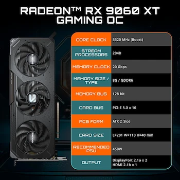 Imagen 2 de Tarjeta Gráfica GIGABYTE Radeon RX 9060 XT GAMING OC 8G, Color Negro, Modelo GV-R9060XTGAMING OC-8GD, Capacidad 8GB GDDR6, Serie GAMING OC