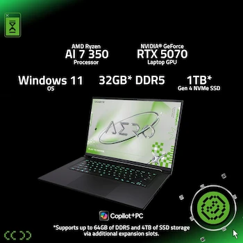 Imagen 2 de GIGABYTE AERO X16 Copilot+ PC Laptop, Lunar White, Model 1WH93USC64DH, 16" 2560x1600 WQXGA Display, AMD Ryzen AI 7 350 Processor, NVIDIA GeForce RTX 5070 GPU, 32GB DDR5 RAM, 1TB SSD, Windows 11 Home