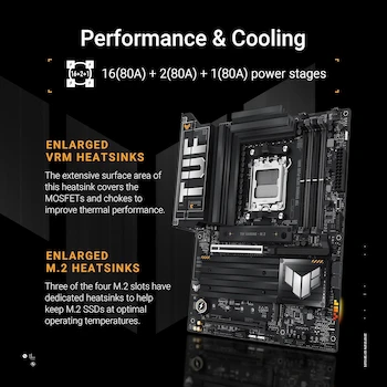 Imagen 3 de Black ASUS TUF Gaming Series X870-PLUS WiFi Model AMD AM5 Socket X870 Chipset ATX Form Factor Motherboard for Ryzen 9000 8000 7000 Series Processors with DDR5 256 GB Max Memory Capacity and Four M.2 Storage Slots