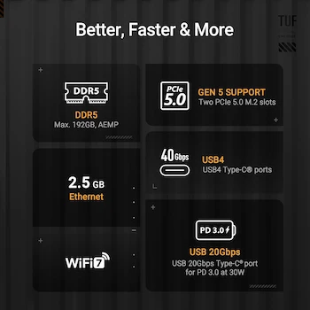 Imagen 5 de Black ASUS TUF Gaming Series X870-PLUS WiFi Model AMD AM5 Socket X870 Chipset ATX Form Factor Motherboard for Ryzen 9000 8000 7000 Series Processors with DDR5 256 GB Max Memory Capacity and Four M.2 Storage Slots