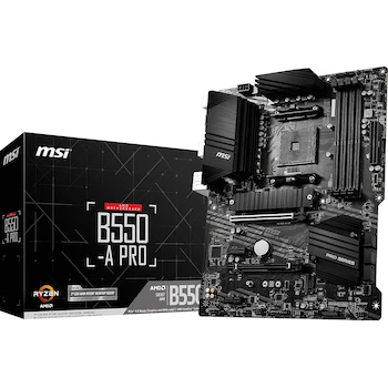 Imagen de referencia para MSI B550-A Pro ProSeries ATX Motherboard, AMD AM4 Socket, AMD B550 Chipset, DDR4 Memory Support up to 128GB, 4 DIMM Slots, 2 M.2 Slots, 2 PCIe x16 Slots, 2 PCIe x1 Slots, USB Ports, HDMI and DisplayPort, Black Color, Dimensions 305mm x 244mm