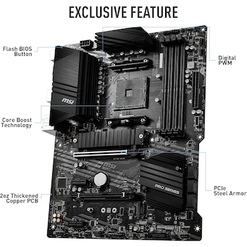 Imagen 3 de MSI B550-A Pro ProSeries ATX Motherboard, AMD AM4 Socket, AMD B550 Chipset, DDR4 Memory Support up to 128GB, 4 DIMM Slots, 2 M.2 Slots, 2 PCIe x16 Slots, 2 PCIe x1 Slots, USB Ports, HDMI and DisplayPort, Black Color, Dimensions 305mm x 244mm