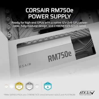 Imagen 2 de Corsair RM750e (2025) Fuente de Alimentación ATX Totalmente Modular 750W Negro - Cumple con ATX 3.1 y PCIe 5.1, Cybenetics Gold