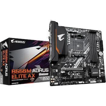 Imagen de referencia para GIGABYTE B550M AORUS Elite AX Rev. 1.3 (Socket AM4, Chipset AMD B550, Formato Micro ATX, Placa Base), Color Negro/Plateado, Dimensiones 244 mm x 244 mm