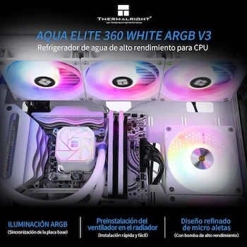 Imagen 2 de Thermalright AQUA ELITE 360 White V3 Refrigeración Líquida CPU, 360mm, Blanco, con 3 Ventiladores PWM ARGB S-FDB, Bomba PWM, para AMD AM4/AM5, Intel LGA1150/1151/1155/1156/1200/2011/1700/2066