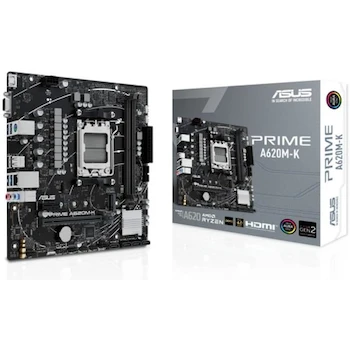Imagen de referencia para Tarjeta Madre ASUS PRIME A620M-K, Serie PRIME, Modelo A620M-K, Socket AM5, Chipset AMD A620, Formato Micro-ATX, Tamaño 22.6 cm x 22.1 cm, Capacidad Memoria DDR5 Máxima 96GB con 2 Slots DIMM, Almacenamiento 1 Slot M.2 y 4 Puertos SATA