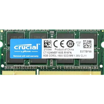 Imagen alusiva al producto Crucial CT102464BF160B - Módulo de Memoria RAM para Computadora Portátil, 8GB, DDR3L-1600 SODIMM, PC3-12800, 204-Pin, 1.35V, CL11, Non-ECC, 2Rx8