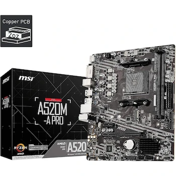 Imagen de referencia para MSI A520M-A PRO Tarjeta Madre Micro-ATX Socket AM4 AMD A520 PRO Series Negra 2 Slots DIMM DDR4 Máxima 64GB