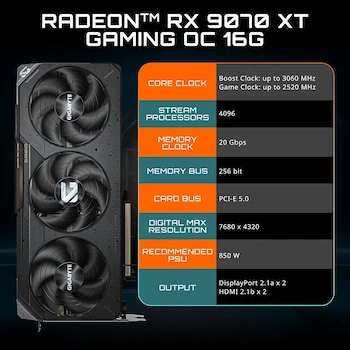 Imagen 2 de GIGABYTE Tarjeta Gráfica AMD Radeon RX 9070 XT Gaming OC 16G GDDR6, Modelo GV-R9070XTGAMING OC-16GD, Negra