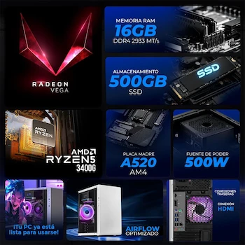 Imagen 5 de XTREME PC GAMING Computadora Escritorio Blanca AMD Ryzen 5 3400G Radeon Vega 11 16GB RAM SSD 500GB WiFi Windows 10