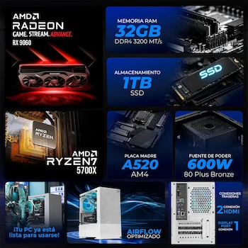 Imagen 5 de XTREME PC GAMING PC Gamer AMD Radeon RX 9060 Ryzen 7 5700X 32GB SSD 1TB Sistema Liquido WiFi BT W10 White Gaming competitivo y Streaming